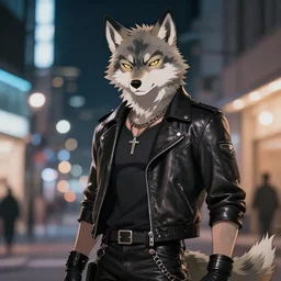 key anime visual portrait of a handsome male anthro wolf furry fursona wearing a leather outfit downtown at night, bokeh background, official modern animation
