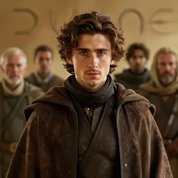 a portrait of paul atreides from dune cinematic lighting, photorealistic, octane render, 8 k, depth of field, 3 d, art by artgerm and greg rutkowski and alphonse mucha and uang guangjian and gil elvgren and sachin ten, paul looks like timothee chalamet but older