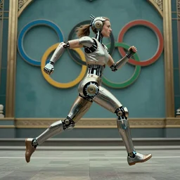 Trinity the matrix, Female sprinter in athletic attire with cyborg legs, metal body, diesel punk, athletic footage, 1970's, olympics, cinematic, art deco