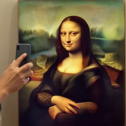 painting of Mona Lisa taking a selfie by Leonardo Da Vinci