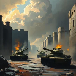 baroque oil painting of anime key visual environment concept art of anime battlefield tanks concrete brutalist dark fantasy, rule of thirds, cinematic lighting, fake hidden detail, trending on pixiv fanbox, acrylic palette knife and brush, style of makoto shinkai studio ghibli genshin impact jamie wyeth james gilleard greg rutkowski