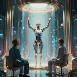A mind awakens inside a simulation after death and is greeted by the Developer, art-deco futurism, 8k, Trending on Artstation, transhumanist, uplifting