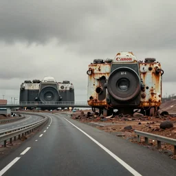 photo of freeway with a giant derelict toy in the distance, canon ae - 1, dystopian, industrial, rust, corrosion, drab color grading, simon stalenhag,
