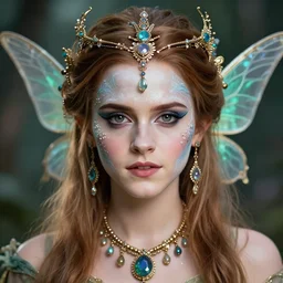 portrait of a fairy, symmetric, facepaint, intricate jewelry, trending on artstation 4 k, in the style of karol bak and tom bagshaw, bust with face of emma watson