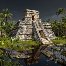 a partially sunken aztec temple in the florida everglades, overgrown, surrounded by alligators, dark, creepy, in a historical illustration style, detailed color pencil art