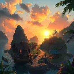 a little fisher ( ( fantasy ) ) village on a tropical island, scenic view, sunset, matte painting by marc simonetti and rhads and donato giancola, trending on artstation