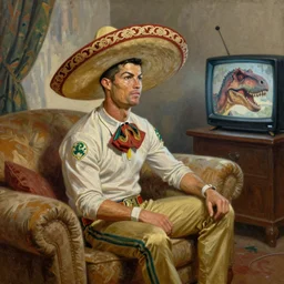 portrait of cristiano ronaldo wearing a sombrero on his head, sitted on the couch with a t - rex, watching television, oil on canvas by william sidney mount,