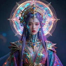 beautyful princess in robe. intricate portrait, occult cyberpunk, ancient futuristic, vibrant colors. intricate biomechanical, bioluminescent halo around head, mandala ornament, cybernetic glowing, by jarold Sng  by artgerm, by Eddie Mendoza, by Peter mohrbacher by tooth wu, unreal engine, octane render, cinematic light, high details, iridescent colors, dichroic, macro