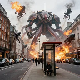 a perfect colour street level portrait photograph of a high street in london being engulfed in an invading aerial fleet of armoured gargantuan giant mechanised squids, bombarding the area with flaming jelly attacks. a man is cowering beneath a bus shelter