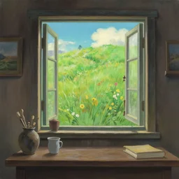 an oil painting of a studio ghibli meadow view from a cozy window