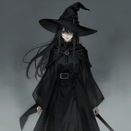 “ art by akihiko yoshida's in his bravely default style, a young witch in black robes. concept art, detailed, gloomy. ”