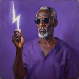 old black man holding lightning bolt in hand, shades of purple, oil painting by aaron douglas,