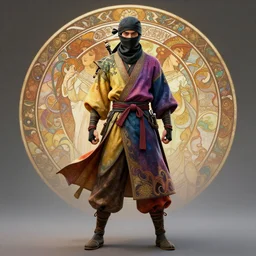 wide angle full body portrait shot of a handsome ninja wearing flowing colourful clothes, highly detailed face, detailed eyes, alphonse mucha, rhads, ross tran, artstation, artgerm, octane render, 1 6 k