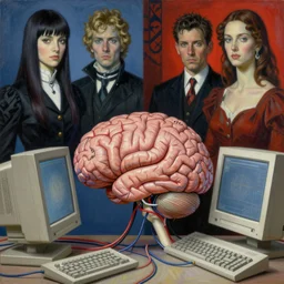realistic detailed image of a human brain connected with wires and cords to a 9 0 s computer, ayami kojima, karol bak, neo - gothic, rich split - complementary colors. beksinski painting, adrian ghenie, gerhard richter, takato yamamoto. realistic detailed image
