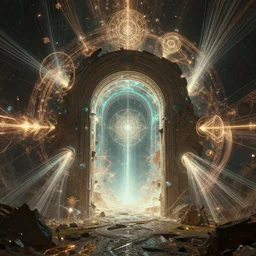 a centered realistic render of a post apocalyptic portal surrounded by glowing fractals and ornate flowing light streams sacred geometry, by beeple, by donato giancola, unreal engine