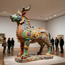etablishing wide view shot of stunning colorful intriguing polished painted massive clay * poetic * sculpture of a mythic animal by * beth cavener * in empty museum. with collaboration of ellen jewett, beth cavener, sayaka ganz, edouard martinet, john o'reilly and judith klausner. joyfull