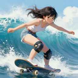 a japanese idol singer riding a wave on a skateboard, digital painting masterpiece, advanced lighting technology, stylized yet realistic face and anatomy, unconventional style choice, interesting character design, beautiful, gorgeous, 4 k wallpaper