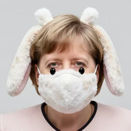 angela merkel wears a mask made of a fluffy cute plush rabbit with very long ears 8 k, hd