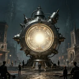 teleportation machine in a dystopian world, with people using it to escape the city, the machine is a large metal contraption with a bright light in the center, style of german romanticism