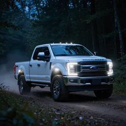 at night bright white Ford F-250 super duty pickup truck (2018), an epic fantasy, dramatic lighting, cinematic, establishing shot, extremely high detail, photorealistic, cinematic lighting, artstation, by simon stalenhag, driving on a forest trail at night