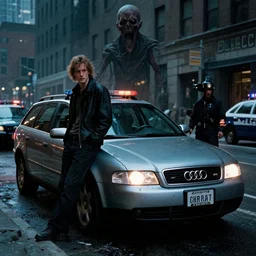 Audi A4 B6 Avant (2002), a gritty neo-noir, dramatic lighting, cinematic, establishing shot, extremely high detail, photorealistic, cinematic lighting, artstation, by simon stalenhag, Max Payne (PC) (2001) winter new york, eldritch horror, police scene