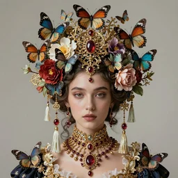 a beautiful portrait render of young lady who has baroque dramatic headdress with intricate fractals of butterflies and tassels made of flower,by by Daveed Benito and Billelis and aaron horkey and peter gric,trending on pinterest,rococo,hyperreal,jewelry,gold,ruby,feminine,intricate,maximalist
