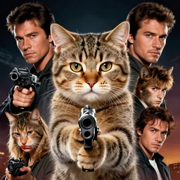 photo portrait poster for an 9 0 s action film where the main character is a cat holding a gun, high detail portraits