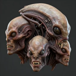 skin concept heads, texture, alien, biopunk, plant predator, predator, teeth, many details, guyver style, 3 d, cinematic, hyper realism, high detail, octane render, art by hans giger