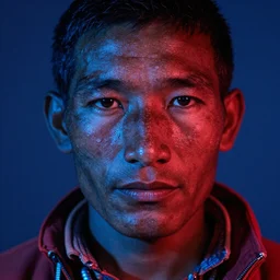 close up portrait of a sherpa, photograph, blue and red studio light, sharp, detailed face, gaze, editorial model, photo, annie leibovitz, steve mccurry, david lazar, 1 0 5 mm, f 2. 8, in an oasis, 8 k, detailed