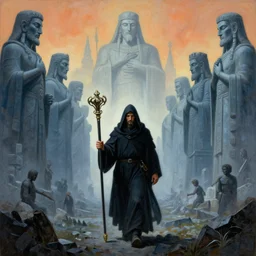 painting of cloaked man holding a ceremonial staff, scene shows a man walking through a valley filled to the brim with giant statues of forgotten gods, zdzislaw beksinski, lewis jones, dariusz zawadzki, wayne barlow, warhammer fantasy, cold hue's, warm tone gradient background, concept art, 4 k, ultra - high - definition
