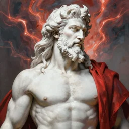 painted portrait of rugged zeus, god of thunder, greek god, white hair, masculine, mature, handsome, upper body, white and red, muscular, hairy torso, fantasy, intricate, elegant, highly detailed, digital painting, artstation, concept art, smooth, sharp focus, illustration, art by gaston bussiere and alphonse mucha