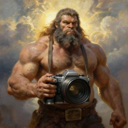 oversized camera as muscular barbarian , strong sun backlight sunrays  body , extreme very textured detailed portrait oil painting by rembrandt,   dramatic clouds and  atmosphere