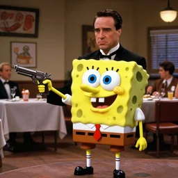 film still of spongebob squarepants as michael corleone in the restaurant scene in the godfather. gun in his hand.