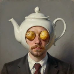 hugh laurie with potatoes instead of eyes, wearing a tea pot as a hat, surrealist painting, highly detailed