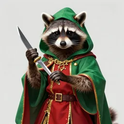 a raccoon in a green, hooded rouge outfit with gold accents holding dagger between fingers, trending on art station