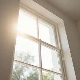 photo of interior design house, super detail of a white window, close up, view from bottom, sunday morning, sun, bokeh, lens flare, yellow light, diffuse light, instagram trending picture, instagram filter, professional photography