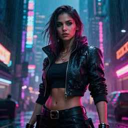 jaina proudmoore cyberpunk, portrait shot, raining, neon lights, city backdrop, epic cinematic hyperrealism masterpiece. realistic poster with shaded lighting by craig mallismo, artgerm, jeremy lipkin and michael garmash, unreal engine, radiant light, detailed and complex environment, digital art, art station trends