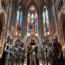 Seven knights inside a massive gothic cathedral. There is light shining through the ornate stained glass windows; trending on artstation