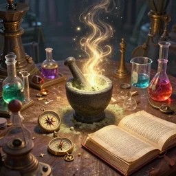 cluttered, table, wizards laboratory, greg rutkowski, mortar, pestle, magic powder, compass, energy flowing, magic book, beakers of colored liquid, tony sart