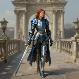 young redhead pale woman in dark and blue princess dragon armor, she is holding a sword, walking on an ancient neoclassical bridge. by henriette ronner - knip, by william henry hunt, by rembrandt, concept art,