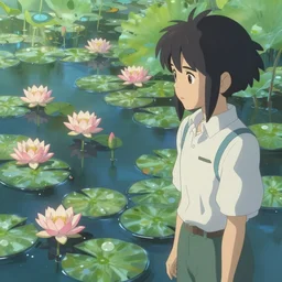a beautiful painting of a water lily pond by yusuke murata and makoto shinkai, cel shaded, unreal engine, highly detailed, iridescent, illustration, artstation,