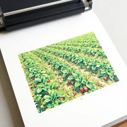 a risograph print of a strawberry field