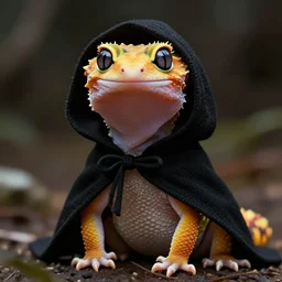 light orange humanoid gecko lizard ; wearing a black wool cloak ; hood pulled over head ; large eyes ; yellow skin ; fantasy race ; trending on artstation ; digital art ; hyper realistic