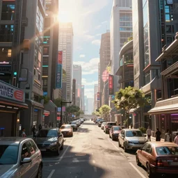comic book background of a bright sunny futuristic city street