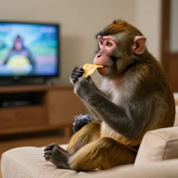 a monkey sitting on a sofa, eating chips and watching TV, side view, professional photo