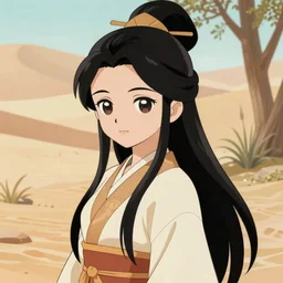 ancient asian dynasty princess, three kingdom, dynasty warriors, cute face, standing in an oasis in the desert, comics, beautiful, elegant, headshot, long black hair, digital painting, smooth, concept art, art by hirohiko araki