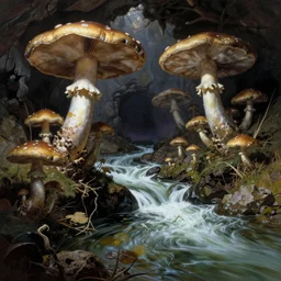 a river flowing through a cavern full of giant mushrooms, Frank Frazetta