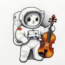 a cat astronaut in space holding a violin, drawn with permanent marker