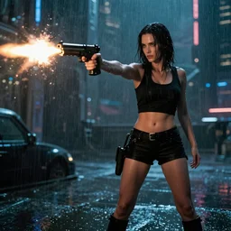 jennifer connelly starring in a cyberpunk movie in a distopic futuristic city in the style of bladerunner, wearing a cropped black tank top, black shorts and black boots, firing a gun, muzzle flash, movie still, highly detailed, rainy night, volumetric lights, dramatic, scifi, sharp focus