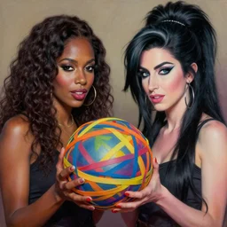 beautiful lifelike painting of flava flav and amy winehouse buying the worlds largest rubber band ball in seville, hyperreal detailed facial features and uv lighting, art by ed roth and basil wolverton